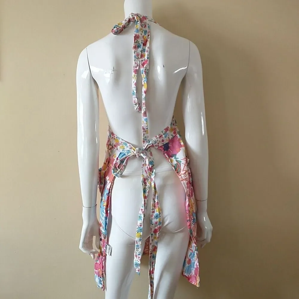 Sur La Tabla Apron Womens Floral 100% Cotton Halter Ties Pockets Bib Colorful